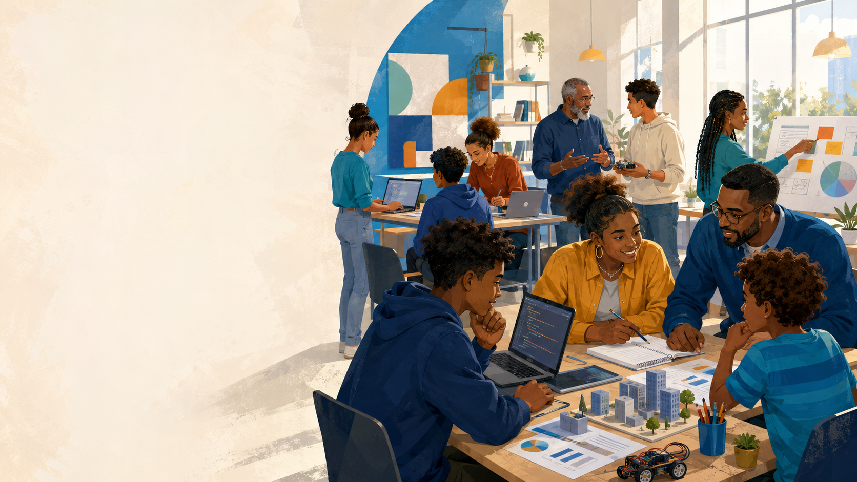 Illustration of youth and adults learning, building, and collaborating together